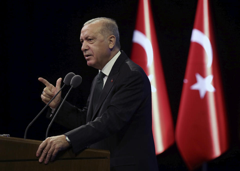 Turkey's President Recep Tayyip Erdogan speaks during a meeting, in Ankara, Turkey, Monday, Sept. 7, 2020. On Monday, a senior NATO official discussed the standoff as well as a NATO initiative to aimed at avoiding the risk of accidents and conflict between the two allies, Turkey and Greece, with Turkish Defense Minister Hulusi Akar and senior military officials in Ankara.(Turkish Presidency via AP. Pool)