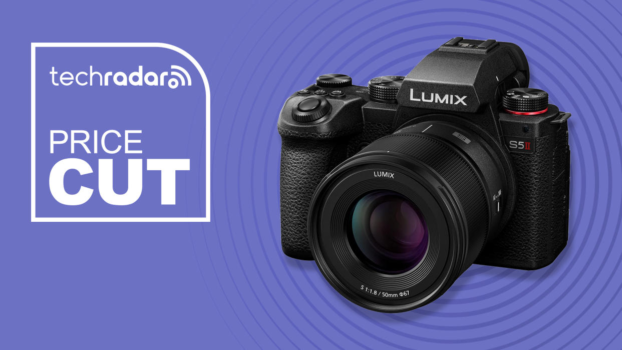  Panasonic Lumix S5 II on lilac background with price cut graphic. 