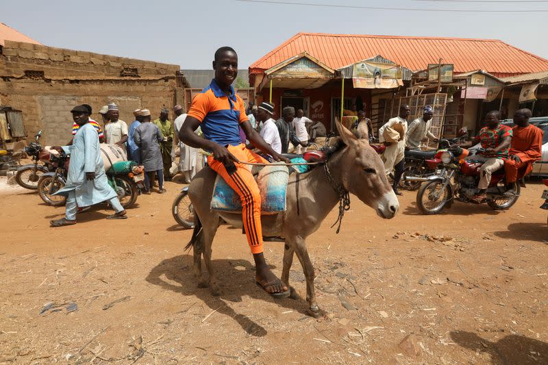 A man rides a donkey at a market in Gusau