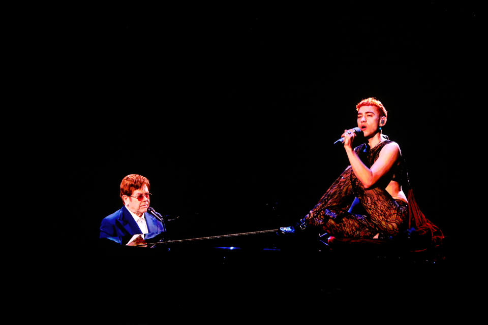 LONDON, ENGLAND - MAY 11:    Sir Elton John and Olly Alexander of Years & Years perform at The BRIT Awards 2021 at The O2 Arena on May 11, 2021 in London, England.  (Photo by David M. Benett/Dave Benett/Getty Images)