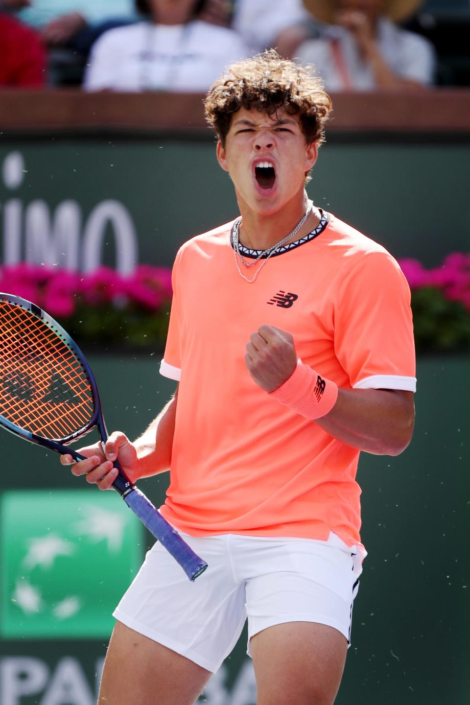 Ben Shelton reacts during his win against Fabio Fognini during the BNP Paribas Open at the Indian Wells Tennis Garden in Indian Wells, Calif., on March 9, 2023. 