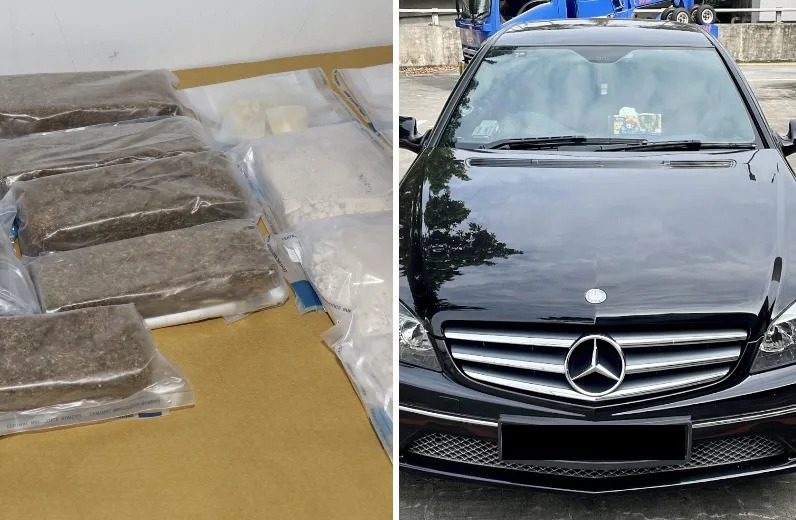A Central Narcotics Bureau (CNB) drug raid at a Sentosa hotel room on 27 July 2022 led to the arrest of a man and a woman, both Singaporeans. (PHOTOS: CNB)