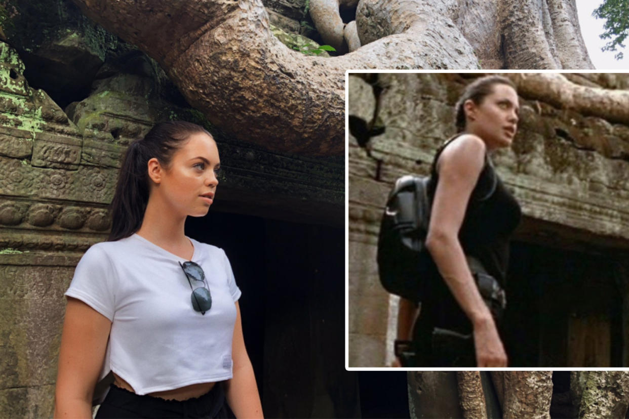 This social media influencer looks a lot like Angelina Jolie in <em>Tomb Raider</em>. (Photo: Twitter/Claudia Sulewski; Paramount Pictures)