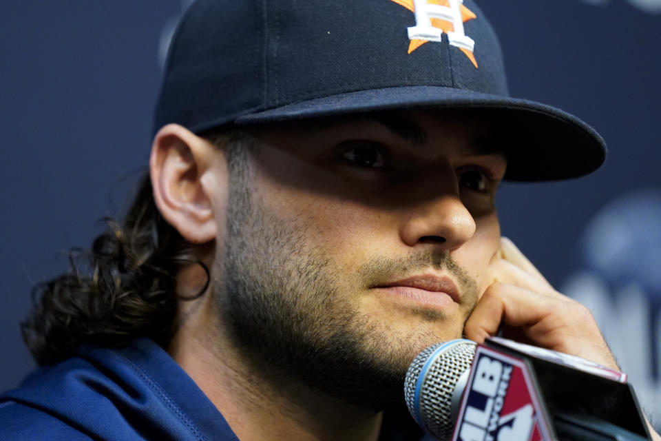 Houston Astros starting pitcher Lance McCullers Jr. speaks during a news conference before Game 2 of baseball's American League Championship Series against the Boston Red Sox Saturday, Oct. 16, 2021, in Houston. (AP Photo/David J. Phillip)