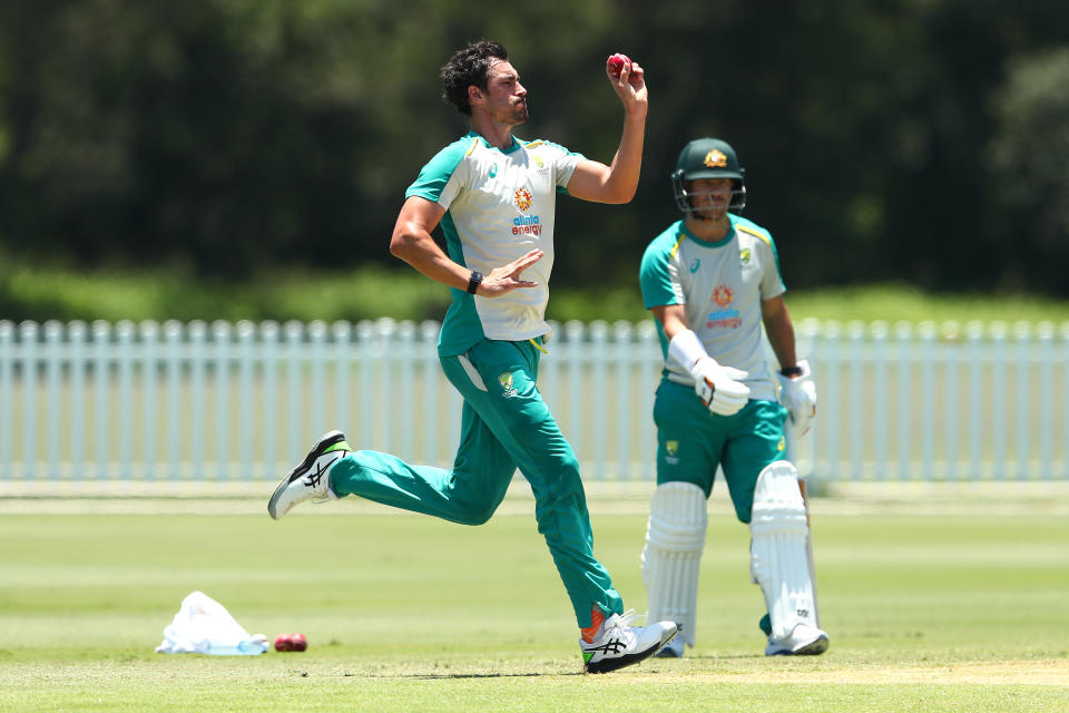 Seen here, Mitchell Starc bowls during an Australian training session before the first Ashes Test.