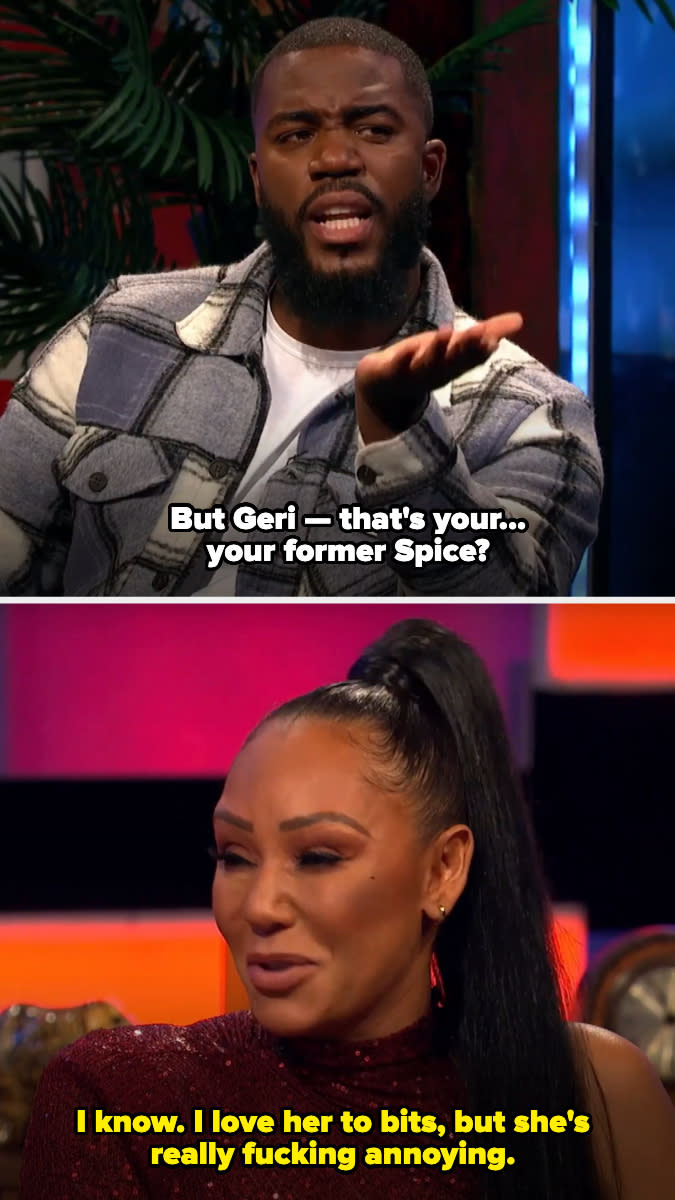 Two image frames: Top shows a man speaking, with a caption, "But Geri — that's your... your former Spice?". Bottom shows Mel B, responding, "I know. I love her to bits, but she's really fucking annoying."