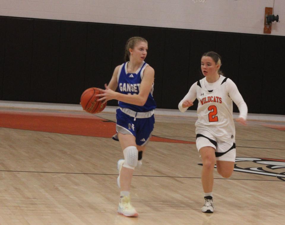 Kaelyn Cote dribbles up the court while Gardner's Krista Bettez defends her. Narragansett and Gardner faced off in their season opener on Dec. 7, 2023.