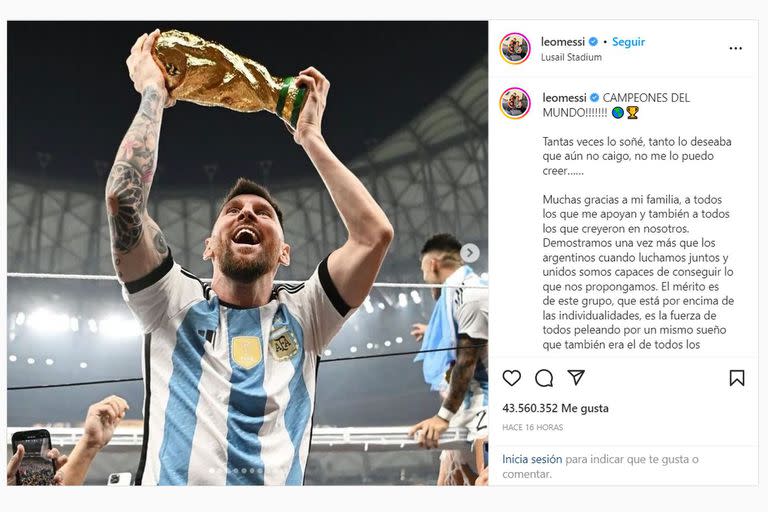 La publicación de Leo Messi celebrando el triunfo ante Francia ya tiene más de 43 millones de "Me gusta" en Instagram; es el segundo posteo más popular de la historia