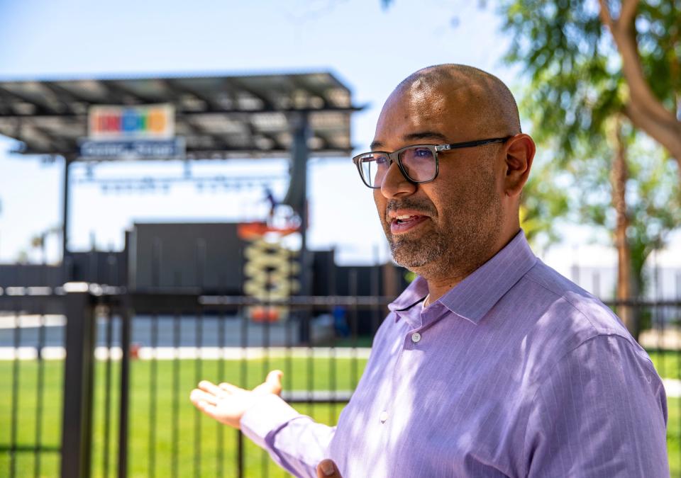 Indio Economic Development Manager Miguel Ramirez-Cornejo talks about the opening of the downtown Center Stage while showing off some of the revitalization along Miles Avenue.