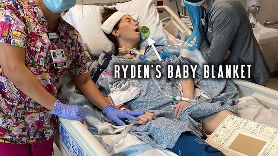 <div class="inline-image__caption"><p>Acuna with her son Ryden’s blanket on her hospital bed.</p></div> <div class="inline-image__credit">GoFundMe</div>