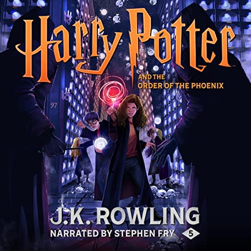 The cover of an Audible spoken book from the Harry Potter range by JK Rowling. Order of the Phoenix narrated by Stephen Fry, showing Hermione and Harry and Ron Weasley. a month 