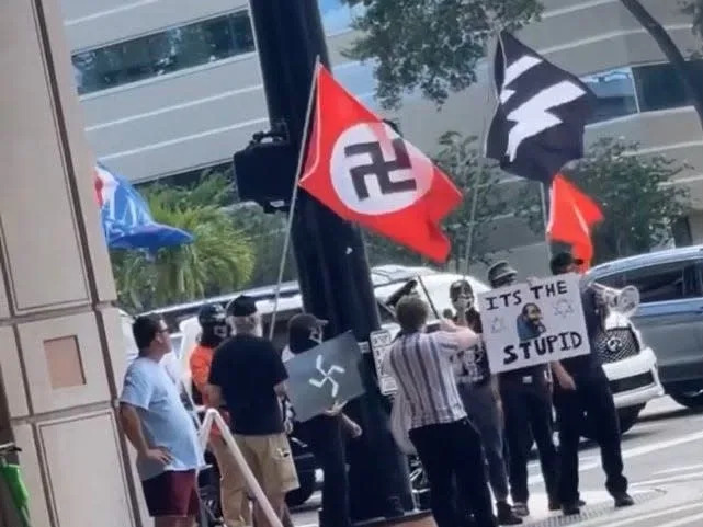 Nazi flags seen outside of the Turning Point USA Student Action Summit on July 23, 2022.
