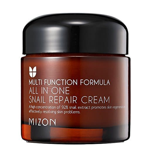 We're back with the snail extract and that's because it provides so many benefits. This cream packs a punch, providing solutions for anti-aging, acne scars, blemished skin, and more. Get it <a href="https://www.amazon.com/MIZON-Snail-Repair-Cream-Grams/dp/B00AF63QQE/ref=lp_7761243011_1_1_a_it?srs=7761243011&amp;ie=UTF8&amp;qid=1505924726&amp;sr=8-1&amp;th=1" target="_blank">here</a>.