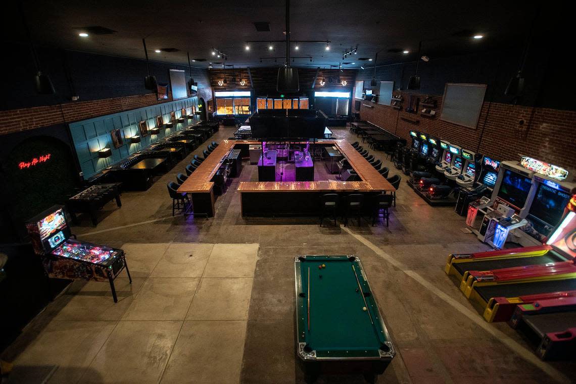 A view from the second floor inside Joystiq, a bar, arcade and restaurant venue located at 325 W. Main Street in Merced, Calif., on Wednesday, Oct. 5, 2022.