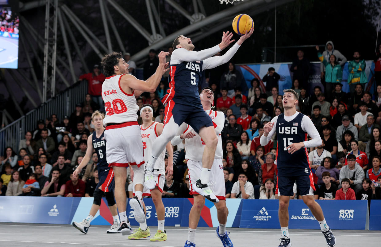 SANTIAGO, CHILE - OCTOBER 23: Jimmer Fredette of Team USA shoots the ball during the Gold Medal Game of  Men's Basketball 3x3 at Estadio Espanol on Day 3 of Santiago 2023 Pan Am Games on October 23, 2023 in Santiago, Chile. (Photo by Andy Lyons/Getty Images)