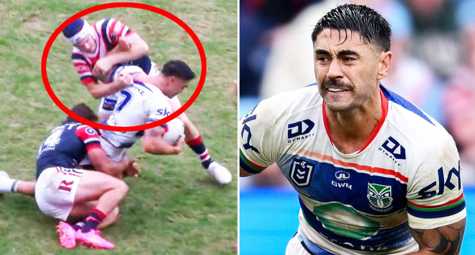 Pictured left is Luke Keary tackling Shaun Johnson.