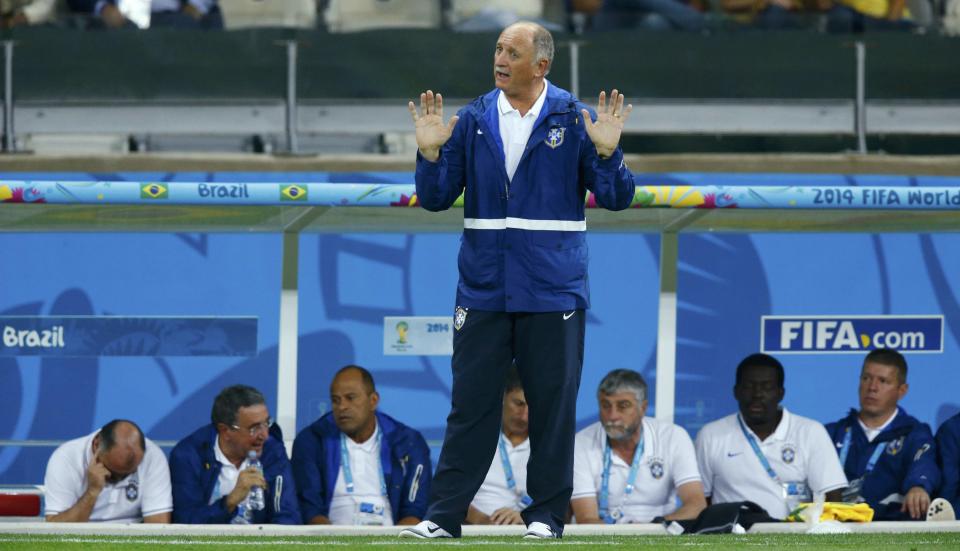 Brazil's coach Luiz Felipe Scolari reacts during his team's 2014 World Cup semi-finals against Germany at the Mineirao stadium in Belo Horizonte July 8, 2014. REUTERS/Ruben Sprich