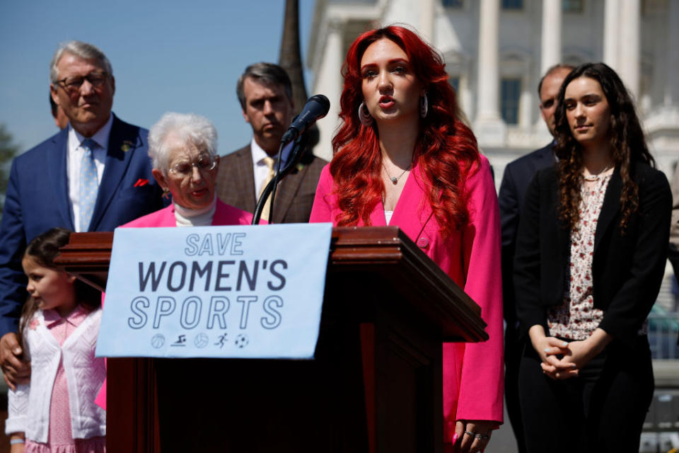 Last year, track and field athlete Selina Soule spoke during an event outside the U.S. Capitol celebrating the House passage of the Protection Of Women And Girls In Sports Act. (Photo by Chip Somodevilla/Getty Images)