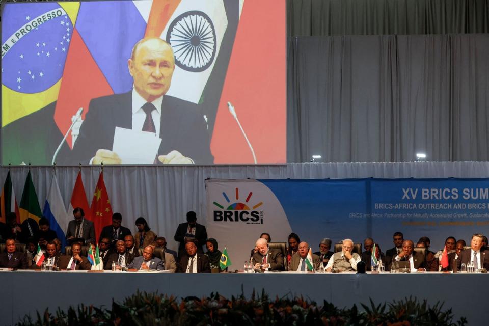 Herr Putin war gezwungen, dem Gipfeltreffen von Brasilien, Russland, Indien, China und Südafrika aus der Ferne beizuwohnen (POOL/AFP über Getty Images)