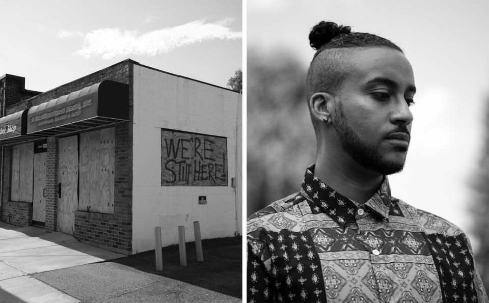 A boarded-up storefront in North Minneapolis, left, and Minneapolis city council member Phillipe Cunningham, right. In the aftermath of George Floyd's death, members of the North Minneapolis community stepped up to protect their fellow citizens, enacting a different type of public safety than the flawed one that is currently in place. | Rahim Fortune for TIME