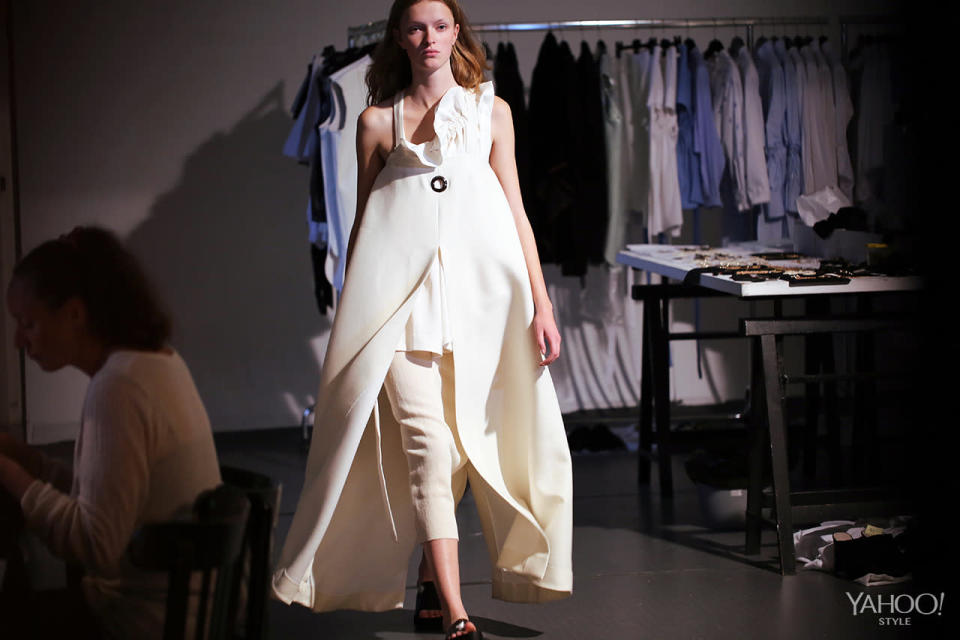 A model in an all-cream look from Ellery Spring-Summer 2016. 