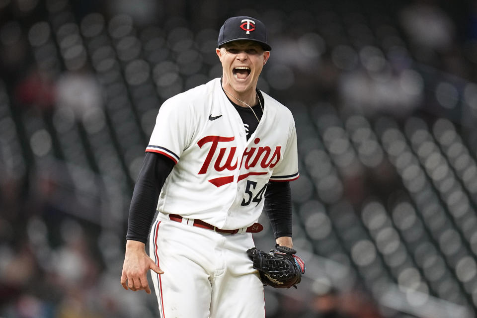 Minnesota Twins starting pitcher Sonny Gray celebrates after striking out New York Yankees' Franchy Cordero to end the top of the seventh inning of a baseball game Monday, April 24, 2023, in Minneapolis. (AP Photo/Abbie Parr)