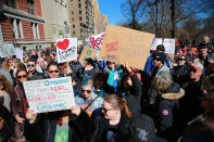 <p>Thousands of people sing and hold up signs at the “Not My President’s Day” rally at Central Park West in New York City on Feb. 20, 2017. (Gordon Donovan/Yahoo News) </p>