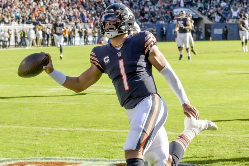 Chicago Bears quarterback Justin Fields is being selected until after the sixth round in many fantasy football drafts. File Photo by Mark Black/UPI