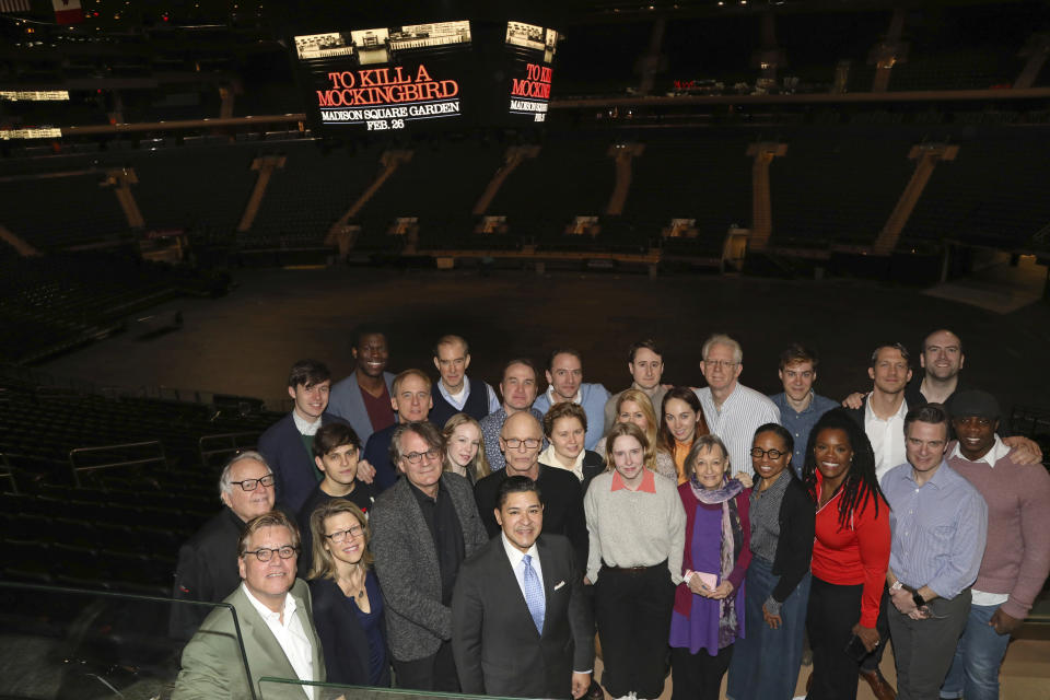 New York City Schools Chancellor, Richard Carranza, front row, and the cast of "To Kill A Mockingbird" participate in a press conference to announce an upcoming performance of "To Kill a Mockingbird" at Madison Square Garden on Wednesday, Feb. 19, 2020, in New York. The performance is scheduled to take place on Feb. 26, 2020.(Photo by Greg Allen/Invision/AP)