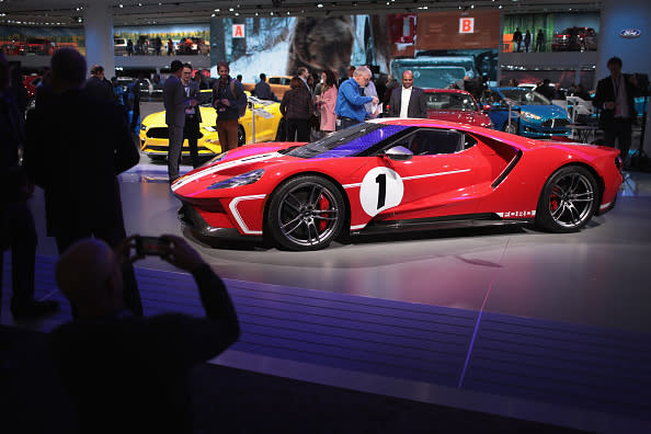 Ford shows off their GT sports car at the North American International Auto Show (NAIAS) on January 15, 2018 in Detroit, Michigan. The show is open to the public from January 20-28. (Photo by Scott Olson/Getty Images)