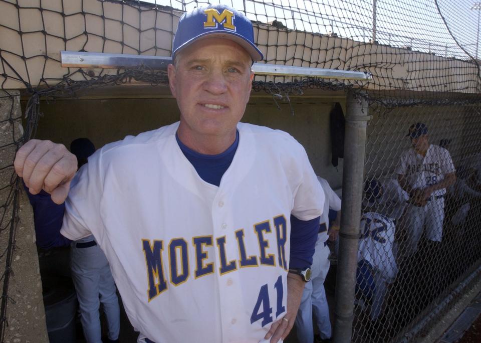 Moeller baseball coach Mike Cameron stands in the Crosley Field-Blue Ash dugout in 2005. He coached 2012 Hall of Fame inductees Barry Larkin and Ken Griffey Jr. Cameron won four state titles leading the baseball program with the first coming in 1972.