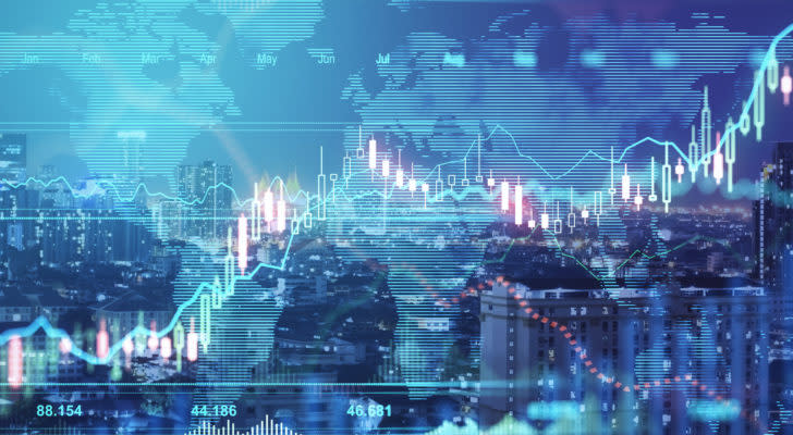 A concept image of a white hollow candle stock chart displayed against a blue map of the Earth.