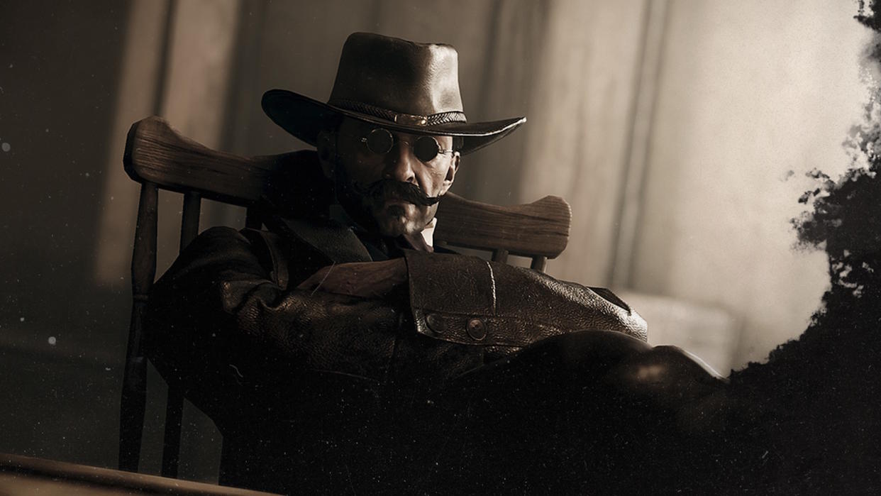  Hunt: Showdown promo image - cowboy in cool shades sitting with his arms crossed. 