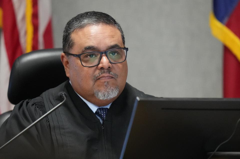 Judge Brad Urrutia presides over the murder trial of De’Ondre White on Wednesday.