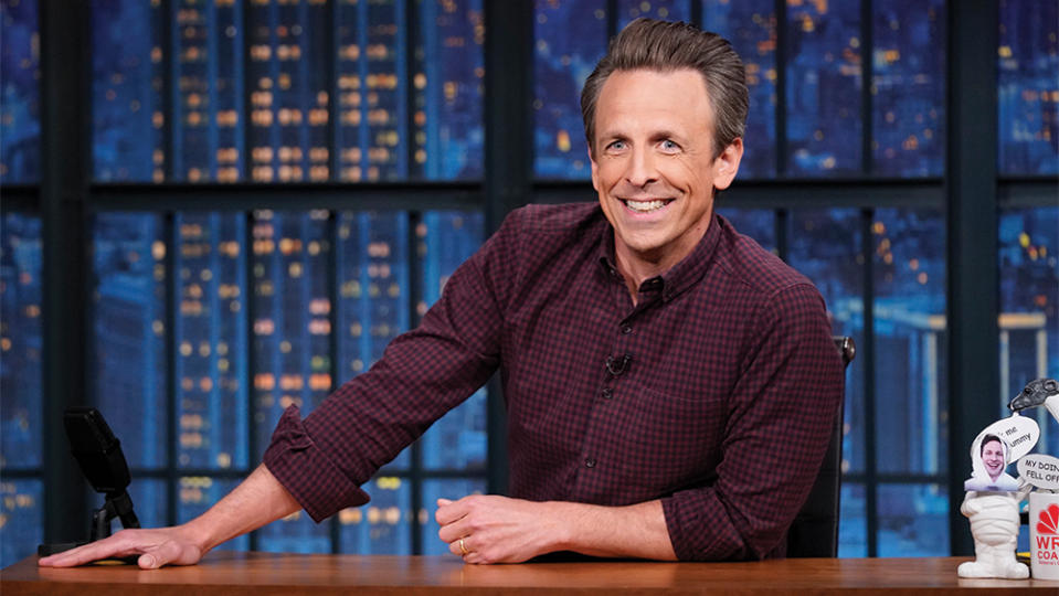 Host Seth Meyers does his opening monologue on NBC’s “Late Night With Seth Meyers.” - Credit: Lloyd Bishop/NBC