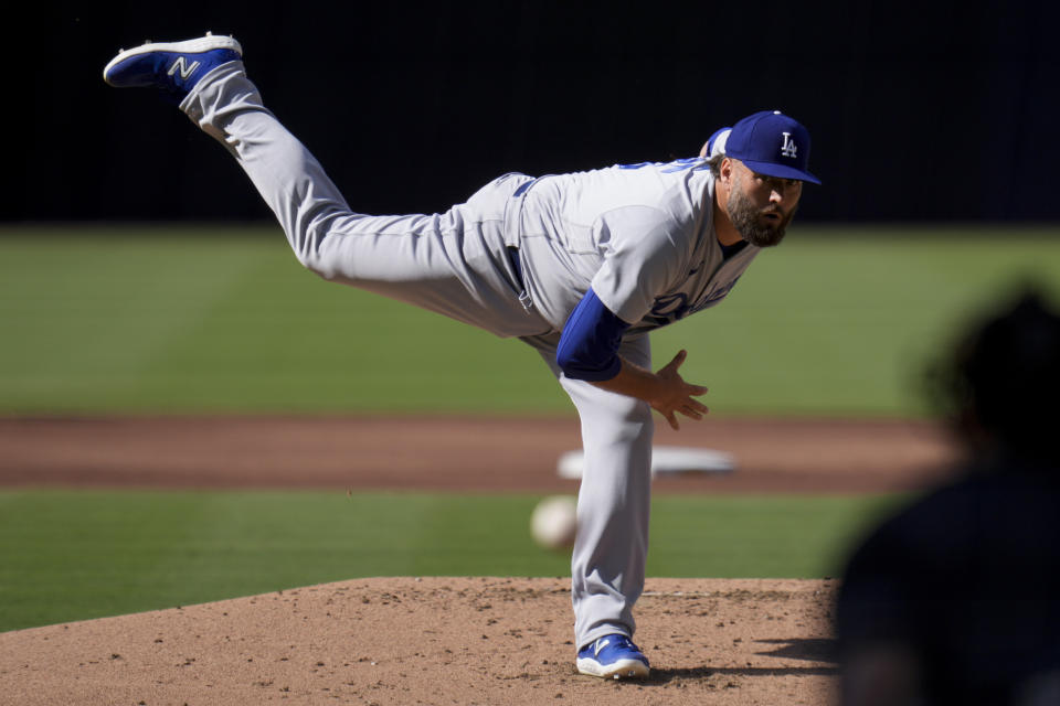 Los Angeles Dodgers starting pitcher Lance Lynn works against a San Diego Padres batter during the first inning of a baseball game Sunday, Aug. 6, 2023, in San Diego. (AP Photo/Gregory Bull)