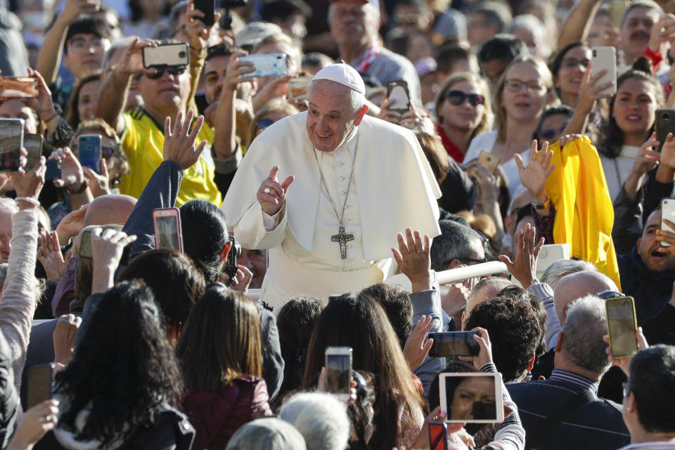 Pope Francis arrives for his weekly general audience, in St.Peter's Square, at the Vatican, Wednesday, Oct. 16, 2019. (AP Photo/Andrew Medichini)