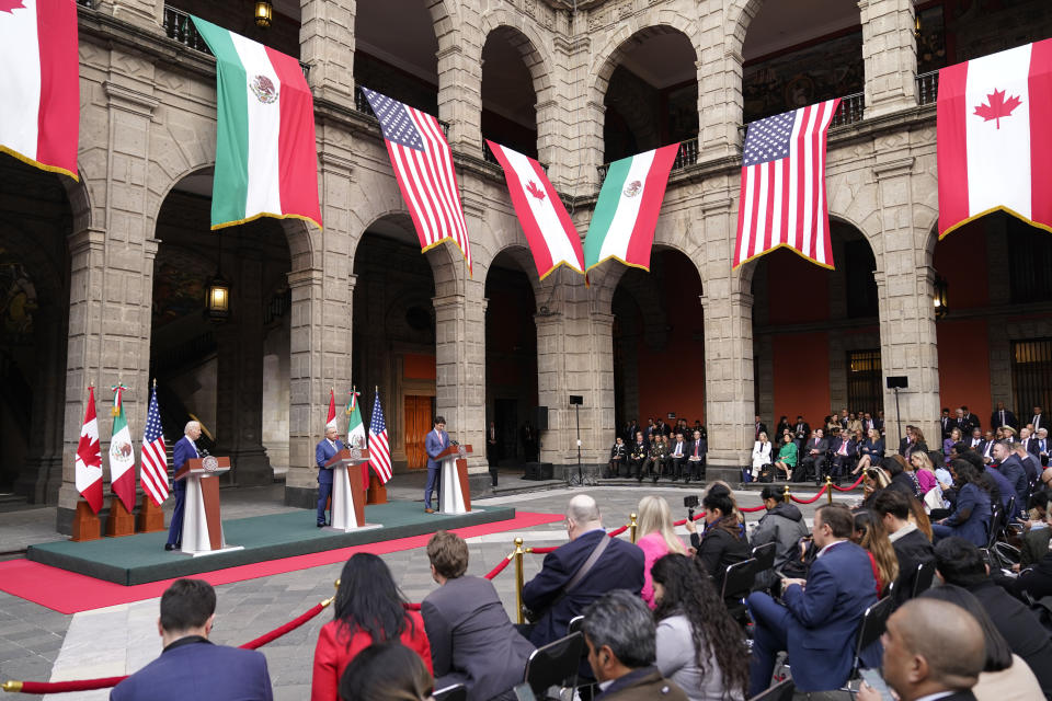 President Joe Biden, Mexican President Andres Manuel Lopez Obrador, and Canadian Prime Minister Justin Trudeau participate in a news conference at the 10th North American Leaders' Summit at the National Palace in Mexico City, Tuesday, Jan. 10, 2023. (AP Photo/Andrew Harnik)