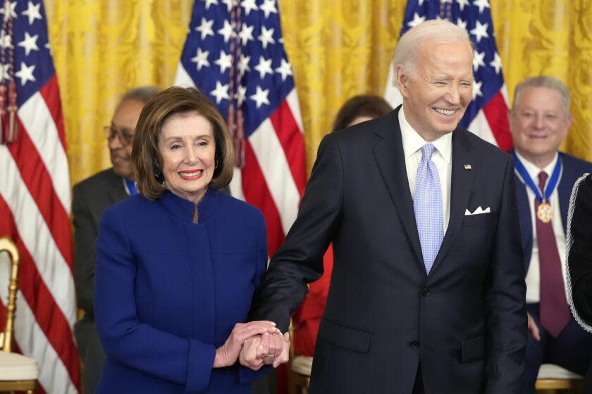 President Joe Biden awards the nation's highest civilian honor, the Presidential Medal of Freedom, to Rep. Nancy Pelosi, D-Calif., during a ceremony in the East Room of the White House, Friday, May 3, 2024, in Washington. (AP Photo/Alex Brandon)