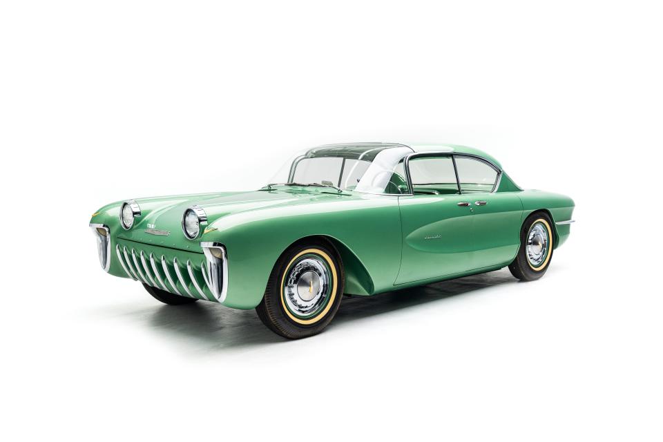 The 1955 Chevrolet Biscayne is part of the exhibition "GM’s Marvelous Motorama: Dream Cars from the Joe Bortz Collection" at the Petersen Automotive Museum.