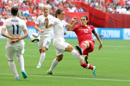 Jun 27, 2015; Vancouver, British Columbia, CAN; Canada forward Christine Sinclair (12) shoots against England midfielder Fara Williams (4) during the second half in the quarterfinals of the FIFA 2015 Women's World Cup at BC Place Stadium. Mandatory Credit: Matt Kryger-USA TODAY Sports