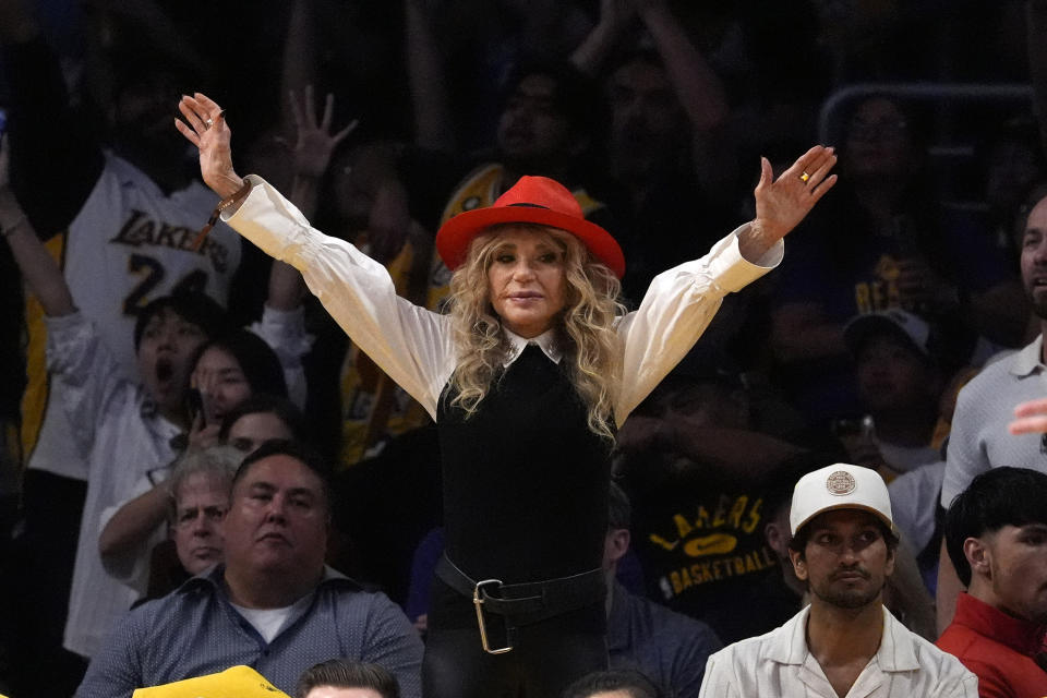 Actress Dyan Cannon cheers during the first half in Game 4 of an NBA basketball first-round playoff series between the Los Angeles Lakers and the Denver Nuggets Saturday, April 27, 2024, in Los Angeles. (AP Photo/Mark J. Terrill)