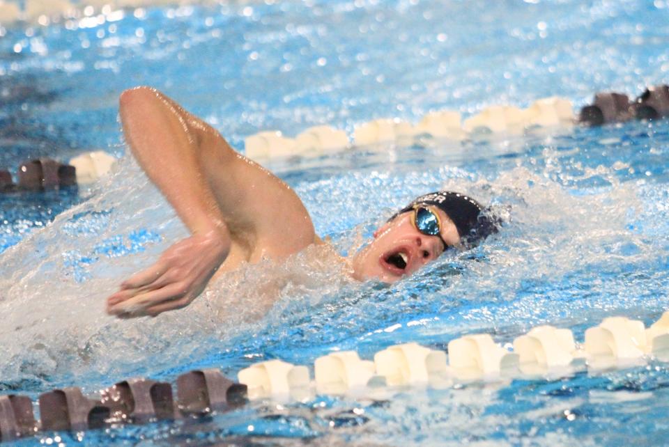 Granville's Nolan Schneider swims the 500 freestyle during the Division II sectional championships at Kenyon College on Saturday, February 10, 2024.