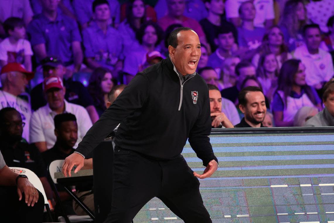 This photo provided by Bahamas Visual Services shows N.C. State head coach Kevin Keatts during the first half of an NCAA college basketball game against Kansas at the Battle 4 Atlantis at Paradise Island, Bahamas, Wednesday, Nov. 23, 2022.(Tim Aylen/Bahamas Visual Services via AP) Tim Aylen/AP