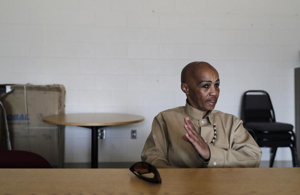 In this May 9, 2019 photo, Cheryl Lidel takes part in an interview with The Associated Press in the Washington Correctional Center in Shelton, Wash. Lidel is among a small group of inmates who are set to stay in Washington state prisons for life who were left out of the latest in a multi-year wave of reforms easing tough-on-crime "three strikes" laws around the U.S. (AP Photo/Ted S. Warren)