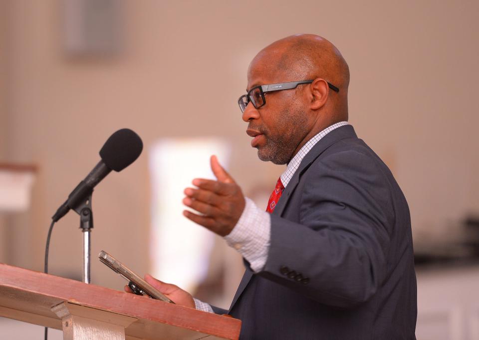 Southside residents and community partners gather at Mt. Moriah Baptist Church to present their "Rebuilding Southside" plan, which came together after 18 months of work, at the church in Spartanburg, Saturday, March 26, 2022. James A. Jones speaks about safety and security during the presentation.