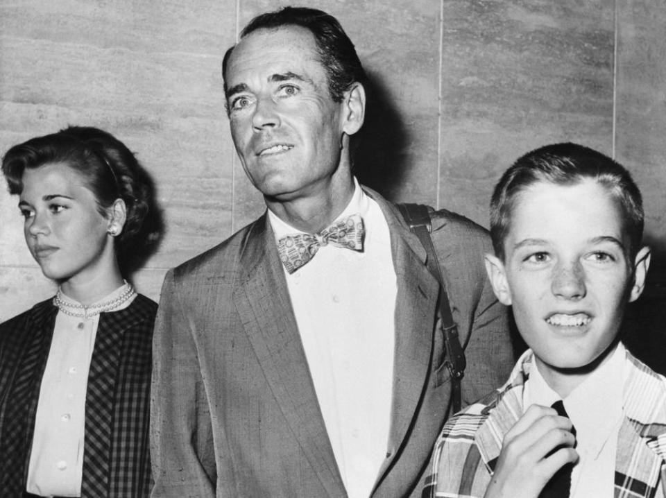 Fonda with her father, Henry, and brother, Peter, in Rome in 1955.