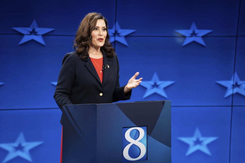 Democratic Gov. Gretchen Whitmer speaks during a Michigan Governor debate Thursday, Oct. 13, 2022, at WOOD-TV in Grand Rapid, Mich. (Bryan Esler/Nexstar Media Group/WOOD-TV via AP)