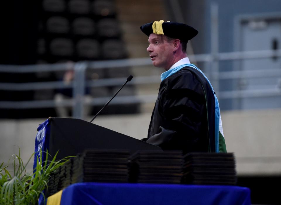 Wicomico Superintendent Micah Stauffer gives his remarks at Wi-Hi's commencement ceremony Wednesday, May 31, 2023, at the Wicomico Civic Center in Salisbury, Maryland.