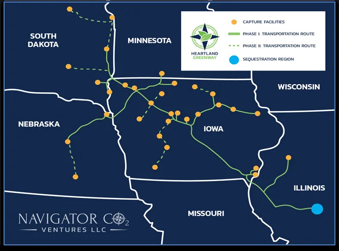 The latest version of Navigator Co.'s proposed Heartland Greenway carbon capture pipeline.